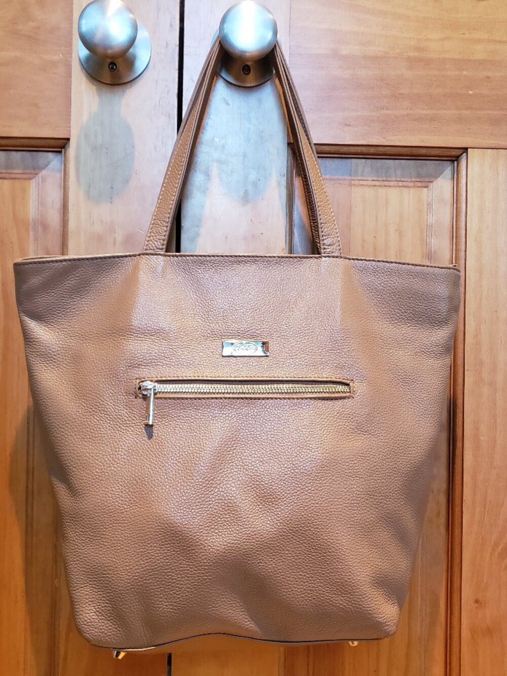 ONNA EHRLICH Tan Carrie Pebbled Leather Shoulder Tote Bag Gold Hardware